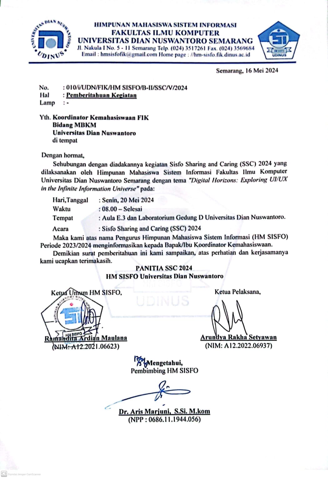 Surat Pemberitahuan Kegiatan Koordinator Kemahasiswaan Bidang MBKM